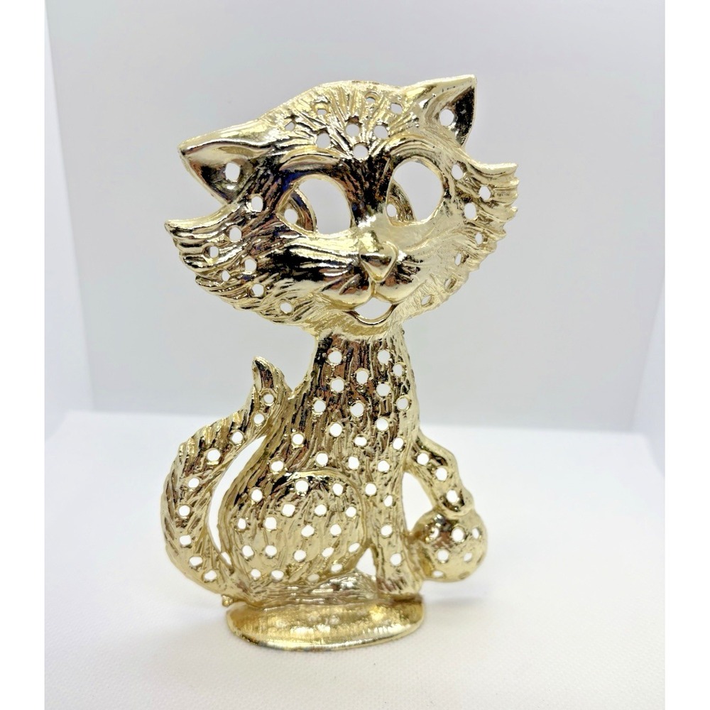 Vintage Torino Brass Cat‎ Figurine Mid Century Modern Standing Openwork Metal